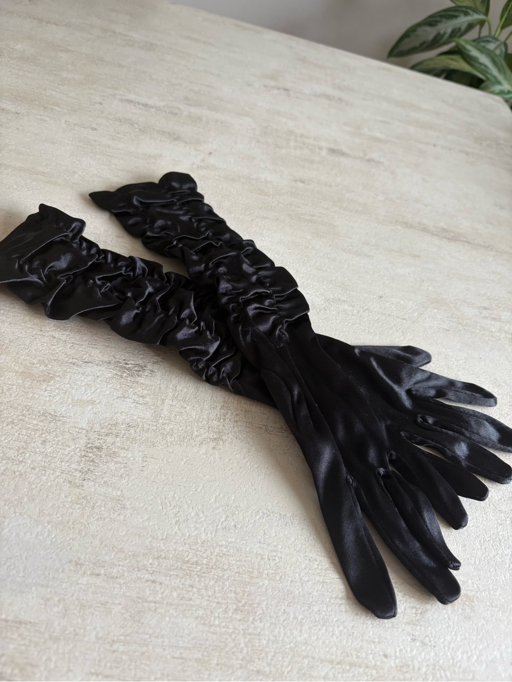Black Satin Long Ruched Evening Gloves